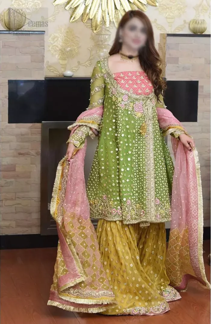 We have brought a charismatic charm to the traditional motifs and cuts. Our embroidery is rich in detailed traditional techniques executed to perfection. The bride shines bright in this outfit, embedded with sophisticated zardozi and thread embeishments. The bodice and hemline is furthermore emphasized with intricate details that gives the perfect ending to this mehndi dress. Pair it up with yellow sharara with captivating embellished border. The dupatta incorporates beautifully designed borders with zardozi, applique and kiran along the length, focusing on the geometrically embellished pallu and sequins spray all over to give it a perfect look.
