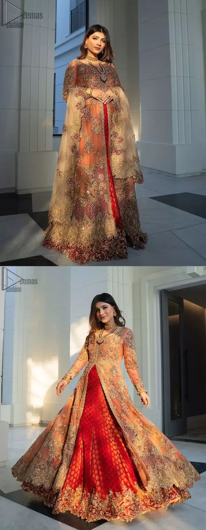 Details make perfection and perfection is not a detail”-DaVinci. This beautiful quote embodies what the DeemasFashion tries to achieve in its every ensemble which is customised to perfection. This beautiful play of red and orange  makes for a stunning. The upper layer of maxi is beautifully crafted with multiple color zardozi work and embroidered jaal. The bottom of inner are even more enhanced with golden zardozi embellishment and finished with scallops. It comprises with churidar pajama and fawn chiffon dupatta. The embellished alluring cut work floral border gives the perfect ending to veil or dupatta.