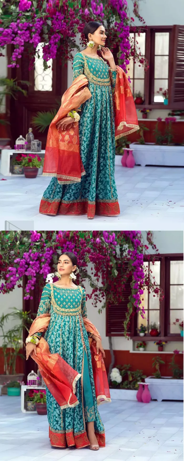 The perfect combination of tradition and class. With a lot of attention to detail, the intricate zardozi work with using glass beading and threads makes the bodice look like nothing but a dream. The tiny floral motifs are also scattered on the bodice. This mehndi outfit is ornamented with vertical embroidered lines and coral applique at the bottom. It comprises with sea green capri pants emphasized with embellished bottom and coral self fabric dupattta. You are all set to make a lasting impact with the divine royalty of this dress.