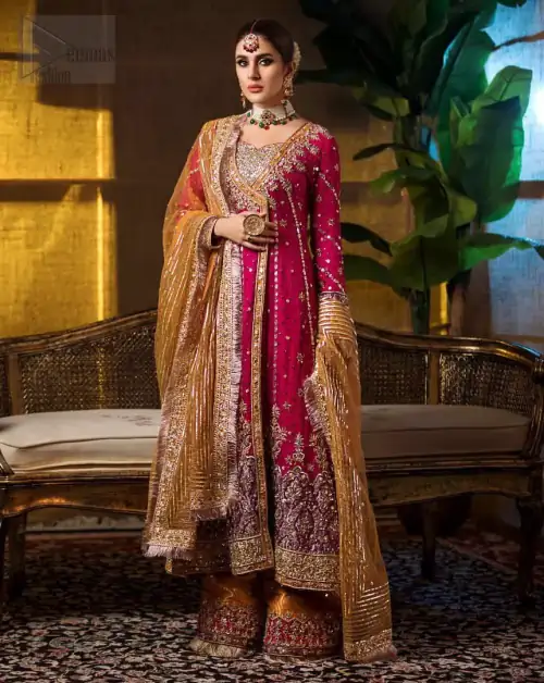 Impeccably on trend. The chic yet elegant front open angrakha style frock is decorated with vertical embroidered lines, embellished neckline