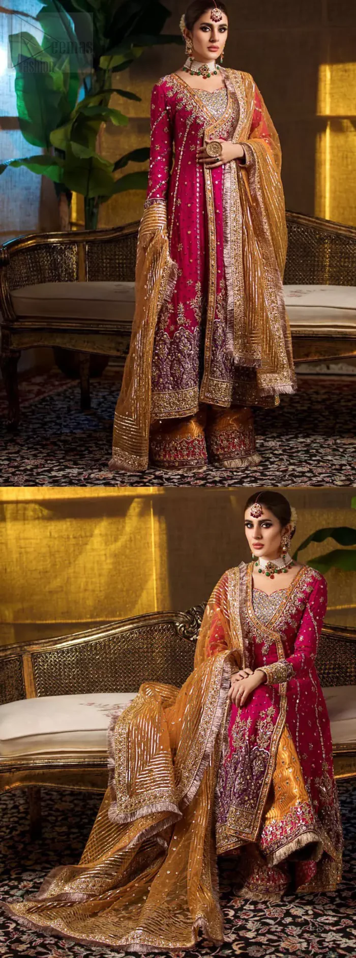 Impeccably on trend. The chic yet elegant front open angrakha style frock is decorated with vertical embroidered lines, embellished neckline and floral bunches. Borders are even more enhanced with rust applique details done with golden and light golden zardozi work. It comes with brocade rust sharara exaggerated with embroidered pink applique on the bottom. Elegance is personified when it gets paired up with rust dupatta decorated with four sided kiran lace and zardozi work on all four sides.