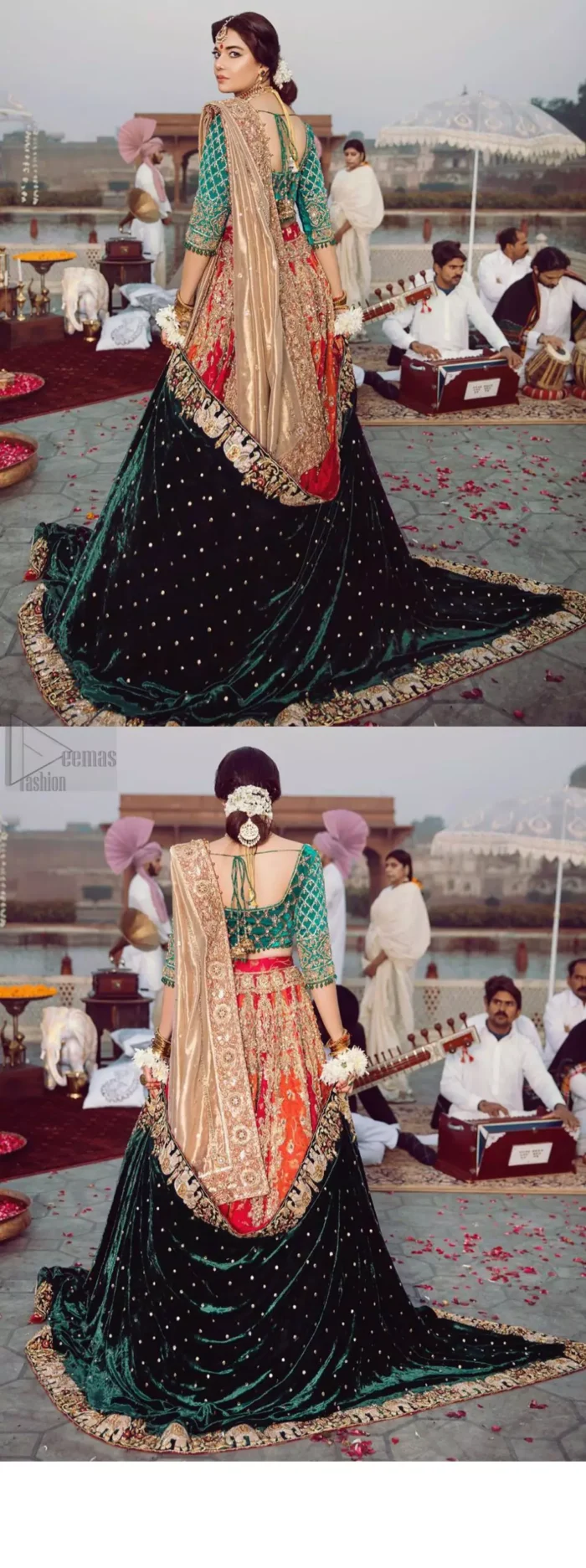 Classic, timeless and truly beautiful, our bridal dress is perfect for your unforgettable day. Excellence of craftsmanship is evident with intricate detailing that features the use of zardozi work. The blouse is beautifully adorned with geometric patterns and floral embroidery with golden zardozi work and finished with dangling beads. Complete the look with artfully coordinated lehenga which is ornamented with a bold and captivating design with a traditional intricate embroidery and scattered tiny floral motifs. The combination of red and orange for lehenga is also captivating. Elegance is personified when it gets paired up with golden dupatta having four sided embroidered border.