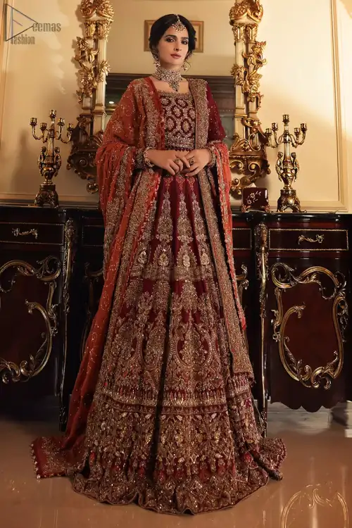 Maroon Blouse n High Rise Lehenga - Appliqued Dupatta