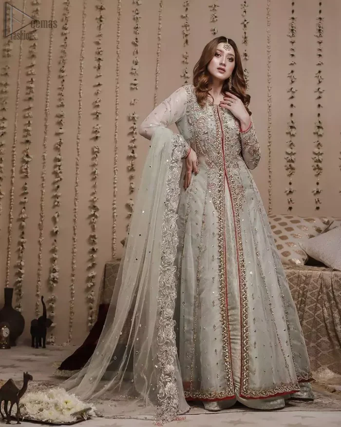 Mint Green Front Open Gown - Banarsi Lehenga