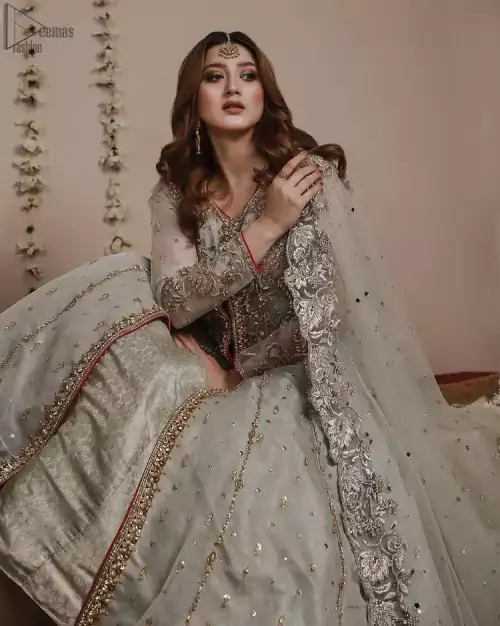 Mint Green Front Open Gown - Banarsi Lehenga