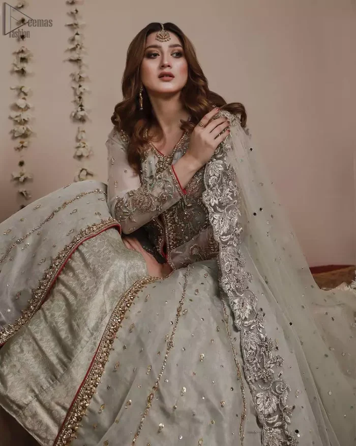 Mint Green Front Open Gown - Banarsi Lehenga