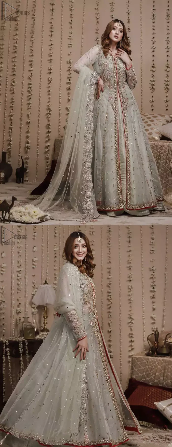 Mint Green Front Open Gown - Banarsi Lehenga