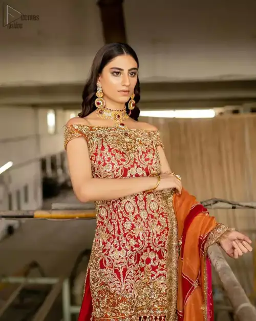 Red Off Shoulder Short Shirt - Chatta Patti Sharara n Dupatta