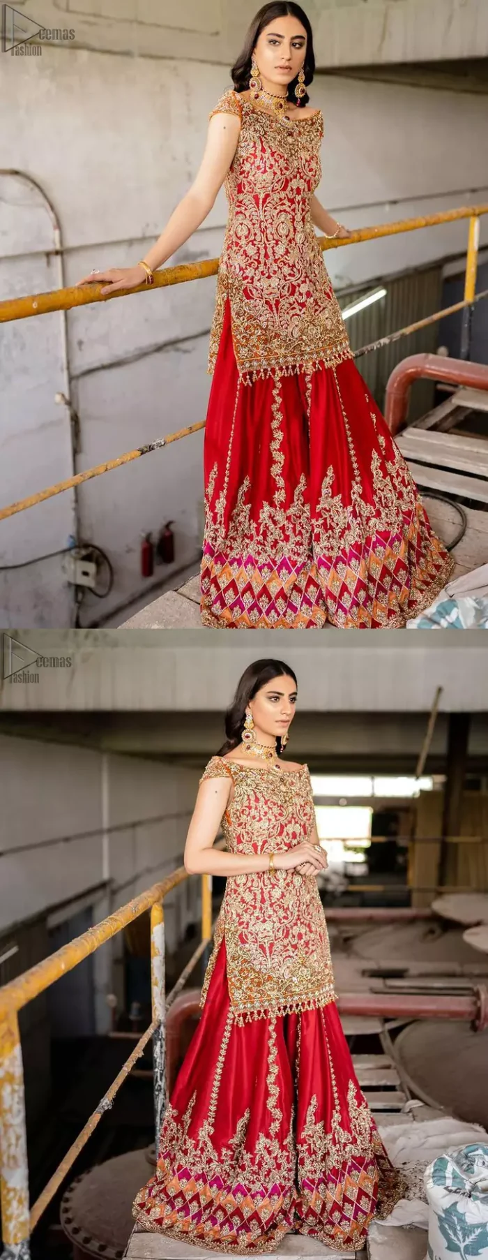 Red Off Shoulder Short Shirt - Chatta Patti Sharara n Dupatta