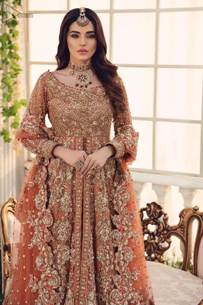 Salmon Gown Red Back Train Lehenga