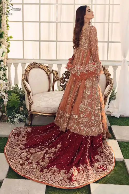 Salmon Gown Red Back Train Lehenga
