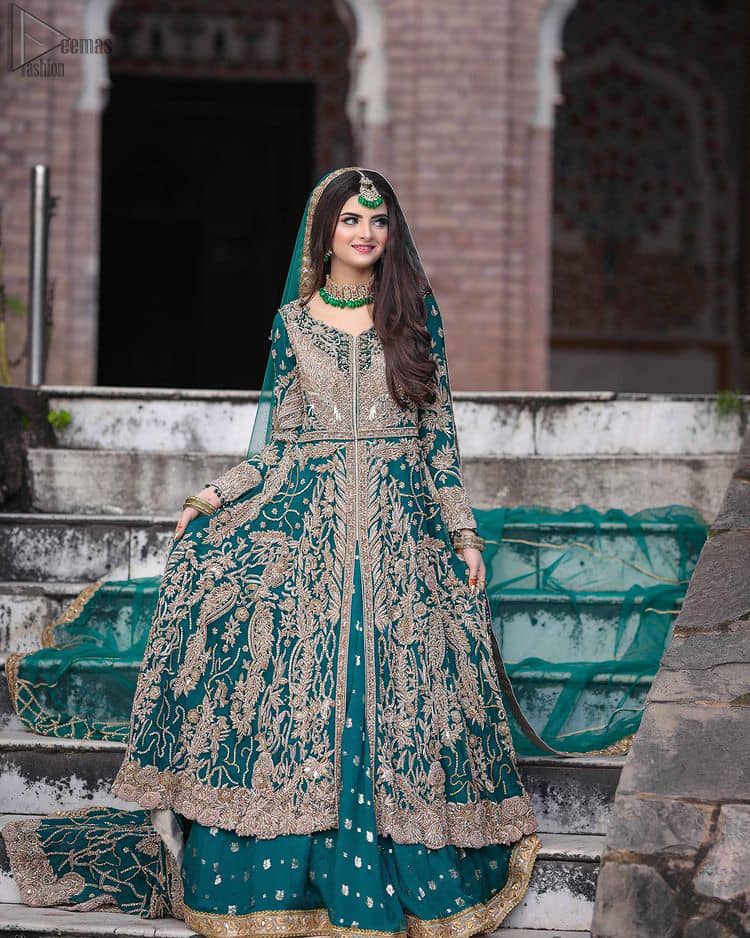 Sea Green Front Open Gown - Lehenga