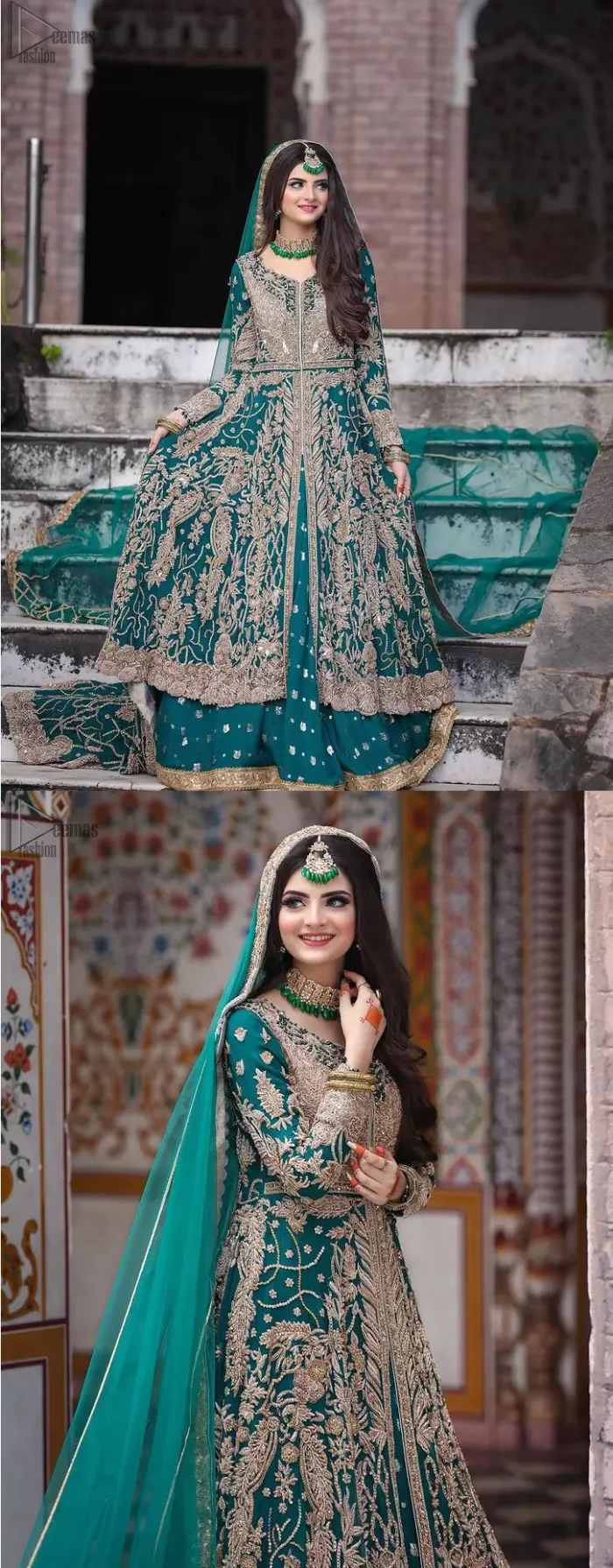 This breathtaking fit and flare wedding dress offers comfort without compromising on style. Featuring beautiful handwork, this outfit has a delicate arrangement of hand-embellished floral patterns with champagne zardozi work along the length. Refined craftsmanship is at its best with a hand embellished belt clenched elegantly at the waistline. It comes with a sea-green lehenga adorned with tiny motifs spray all over the ground and exaggerated with embroidered lace bottom. This outfit is paired up with an organza dupatta with embroidered border to give it a perfect ending.