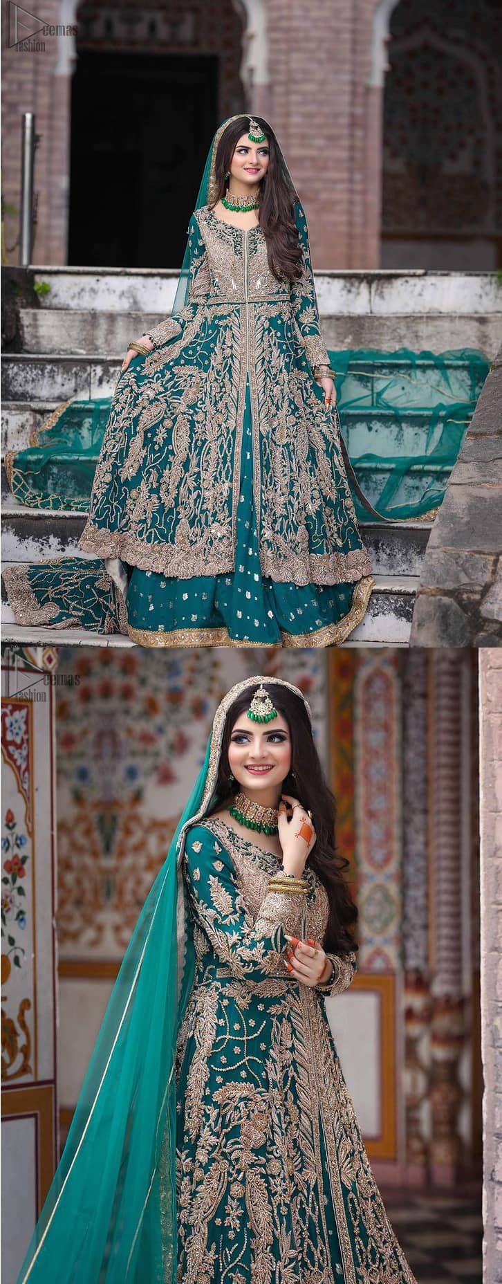 Sea Green Front Open Gown - Lehenga