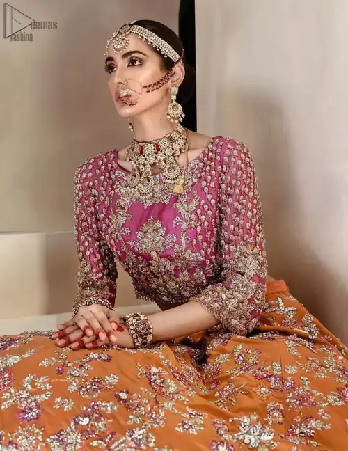 Orange Lehenga Dupatta – Pink Blouse