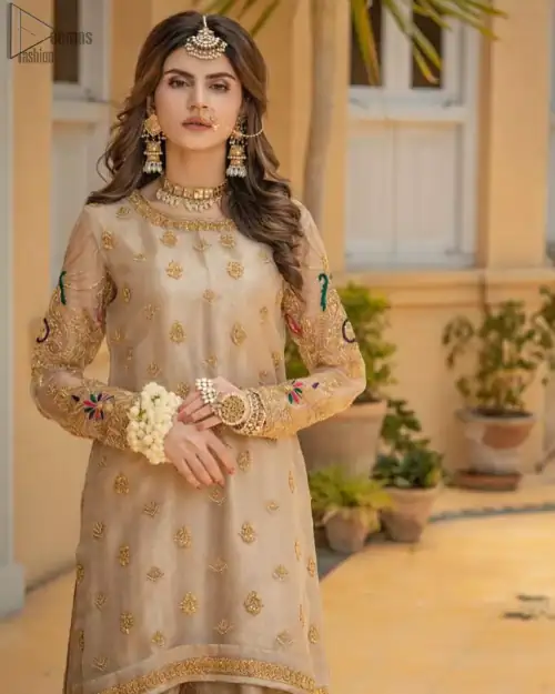 Beige Aline Tissue Shirt - Banarsi Gharara for Nikah