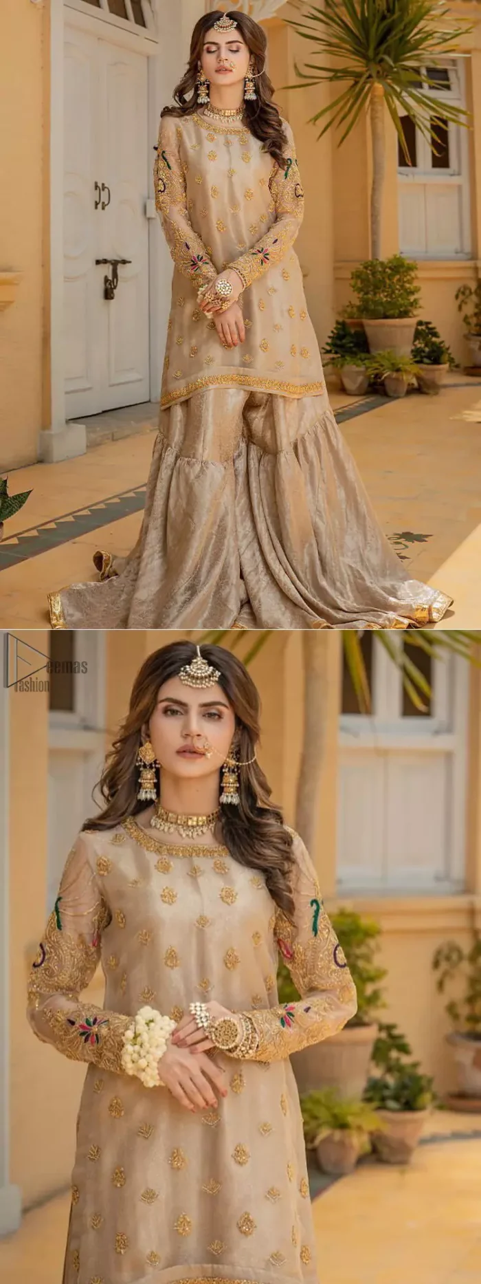 Beige Aline Tissue Shirt - Banarsi Gharara for Nikah