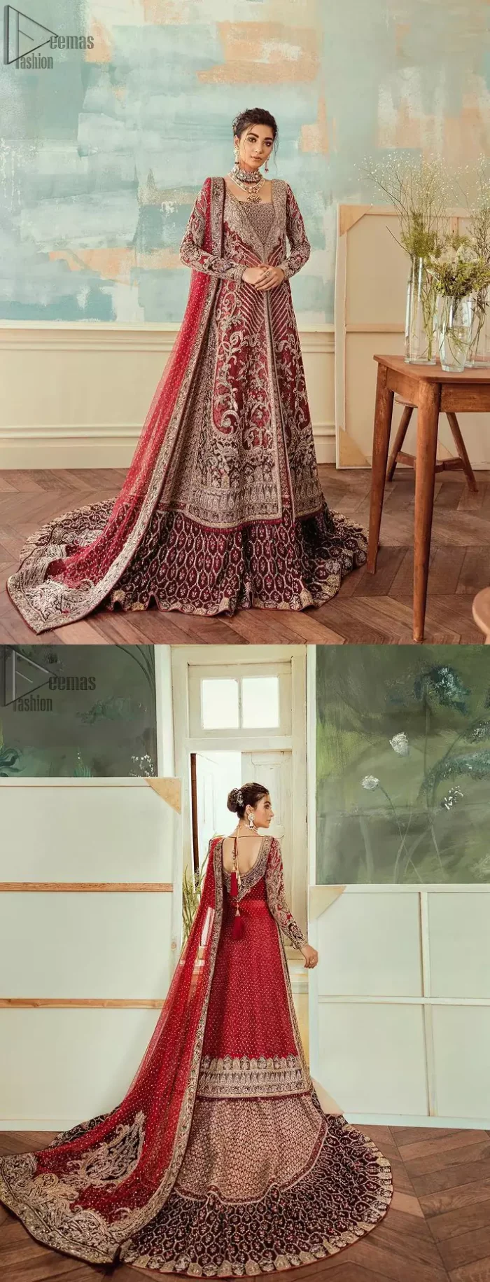 Chic, sleek and undeniably romantic, this beautiful deep red gown might just be the one for you. With pure fabric heavily laden with zardozi and the perfect blend of traditional flamboyance and modern elegance in design, you need to look no further for the perfect look for your special day. The bodice is heavily decorated with zardozi work, the rest of the gown is enriched with floral bootis and finished with the thick embellished bottom. Complete the look with an artfully coordinated lehenga which is ornamented with geometric patterns and captivating back trail design with traditional intricate embroidery. The outfit is coordinated with an organza dupatta finessed with embroidered borders.