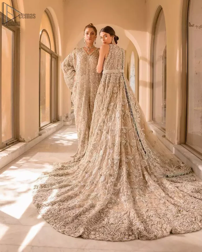 Your graceful personality demands a royal touch, which is why the Fawn Back Train Maxi ensures imperial distinctiveness. As per its highly admirable looks, this exquisite bridal wear is made sleeveless and adorned with exemplary silver embroidery to give it the most majestic vibes. Dresses for whom uniqueness prevails, a halterneck works outstandingly as an icing on a cake. Pure organza is chosen as the graceful fabric for the maxi, whereas the churidar pajama is made with the smoothest raw silk. Not to forget, a final add-up of an elegant net dupatta, and this ravishing attire is all set to dazzle up your Walima.