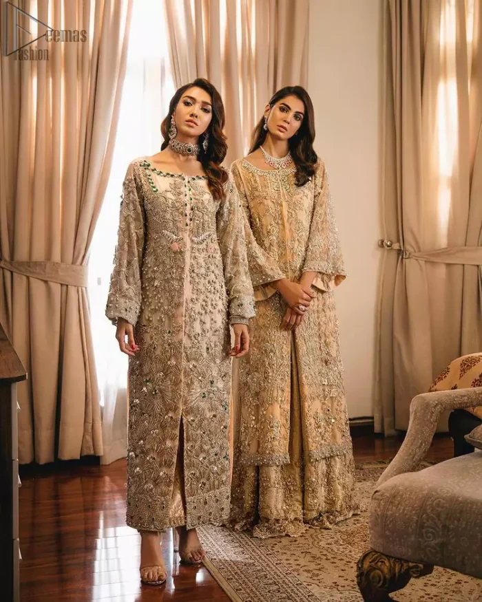 An unforgettable look and ideal for the festive season. An elegant yet trendy front open style makes this outfit more classy. Crafted artfully with detailed zardozi work and illusion neckline finessed with kora, dabka, and Kundan. The motifs and intricate details are a true example of decorative and ornamental expression stylized in a contemporary way. The bell sleeves make this outfit more classy. Balance the look with banarsi lehenga highlighted with embroidered borders at the bottom. The dupatta is enhanced with embroidered pallu.