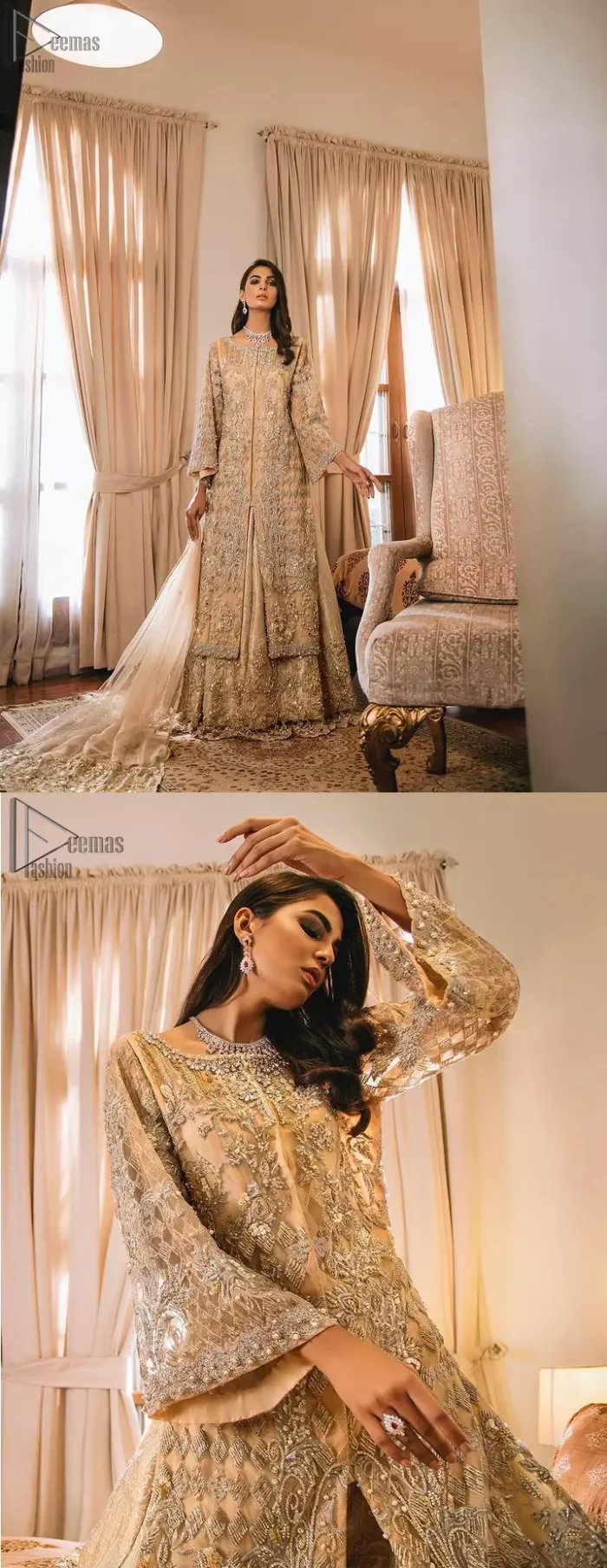 An unforgettable look and ideal for the festive season. An elegant yet trendy front open style makes this outfit more classy. Crafted artfully with detailed zardozi work and illusion neckline finessed with kora, dabka, and Kundan. The motifs and intricate details are a true example of decorative and ornamental expression stylized in a contemporary way. The bell sleeves make this outfit more classy. Balance the look with banarsi lehenga highlighted with embroidered borders at the bottom. The dupatta is enhanced with embroidered pallu.