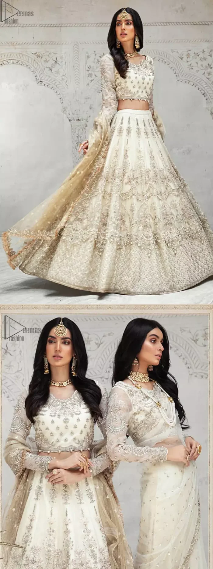 Designed with great expertise, the Ivory Blouse Lehenga is going to set you on a heavenly journey, full of comfort, merriment and unlimited beauty. In a professional sense of full sleeves, the dress is laudable for its majestic light golden and silver embroidery under the very meritorious round neckline. To contribute towards its eminence, this bridal wear is made with the finest organza. A lehenga and an exquisite net dupatta make this marvelous attire a paragon of extreme beauty on your Walima.