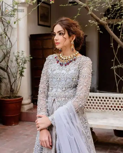 Light Gray Front Open Nikah Wear Maxi and Pure Katan Banarsi Jamawar Lehenga