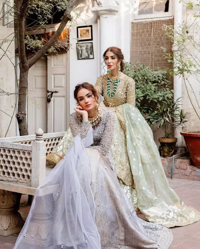 Light Gray Front Open Nikah Wear Maxi and Pure Katan Banarsi Jamawar Lehenga