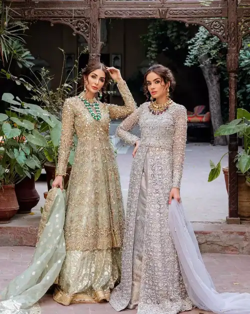Light Gray Front Open Nikah Wear Maxi and Pure Katan Banarsi Jamawar Lehenga
