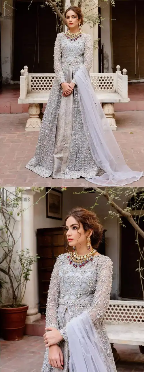 Light Gray Front Open Nikah Wear Maxi and Pure Katan Banarsi Jamawar Lehenga