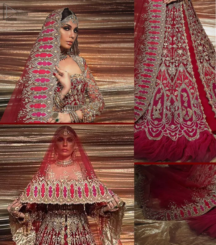 A bride wants to feel as beautiful as she is on her special day, and knowing that our Lehenga was the final decision in that, it is priceless. This bold and iconic bridal ensemble with its dainty flutter silhouette leaves us feeling whimsical, romantic, and even a bit enchanted. This front open pishwas is laden with silver and golden zardozi work, a beautifully crafted waist belt and floral embroidery patterns. The dress is even more enhanced with the ruffled bottom. It is coordinated with a beautiful dupatta with thick matha Patti borders along the length and an intricate beautiful border on the rest of the two sides.