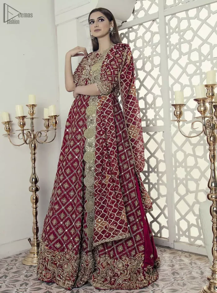 Maroon fully embroidered blouse cross-check lehenga n dupatta. This outfit is Crafted with love and classically designed to make your memorable day beautiful as it should be. This blouse comes with cross-check embroidery pattern lehenga. This lehenga dress is timeless and elegant with a touch of modern trend! 