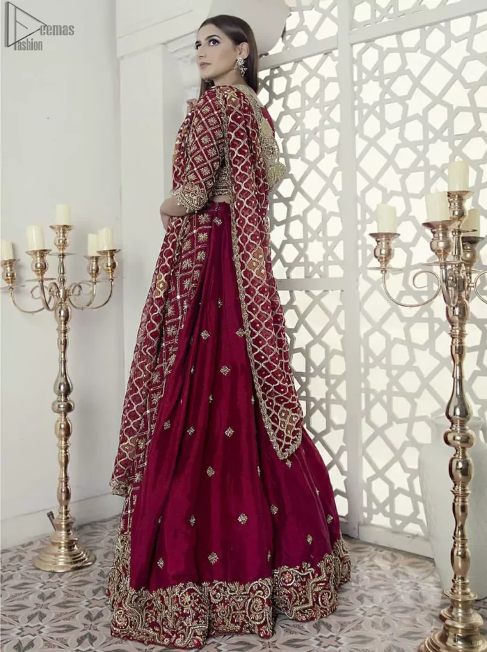 Maroon fully embroidered blouse cross-check lehenga n dupatta. This outfit is Crafted with love and classically designed to make your memorable day beautiful as it should be. This blouse comes with cross-check embroidery pattern lehenga. This lehenga dress is timeless and elegant with a touch of modern trend! 