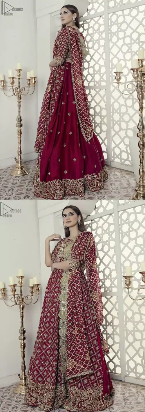 Maroon fully embroidered blouse cross-check lehenga n dupatta. This outfit is Crafted with love and classically designed to make your