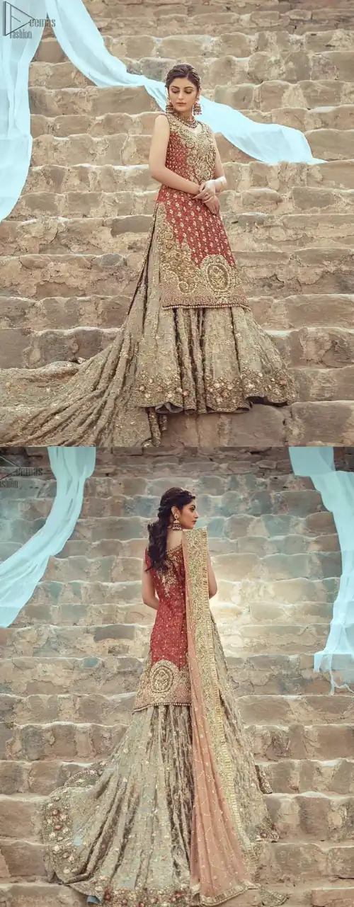 An uplifting look for any formal occasion. This wedding outfit is emphasized with zardozi work. The shirt is beautifully decorated