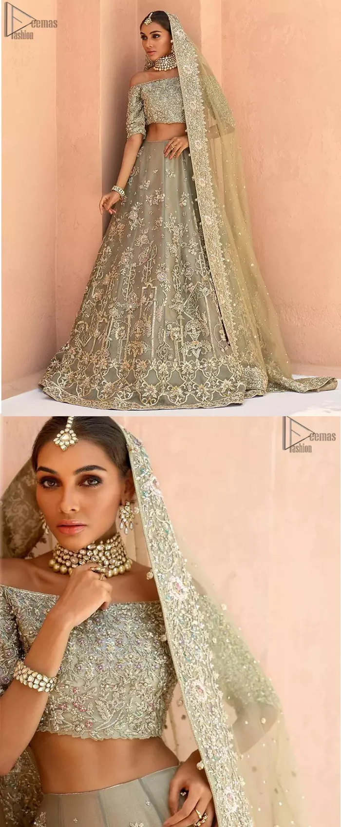 When extreme beauty is your identity, the Olive Green Off Shoulder Blouse Lehenga makes sure it boosts your gorgeousness with its much more attractive elegance. This paragon of exquisiteness is designed with three-quarter sleeves, making sure it meticulously matches its objective. The silver and golden embroidery serve as the cherry on top, while the stunning floral motifs do not fail to catch all admiring eyes on the finest details of adornment on the dress. Finest organza as always is the prime choice for an attire so meritorious and the concluding marvellous net dupatta prepares this laudable dress to brighten up your Walima ceremony.