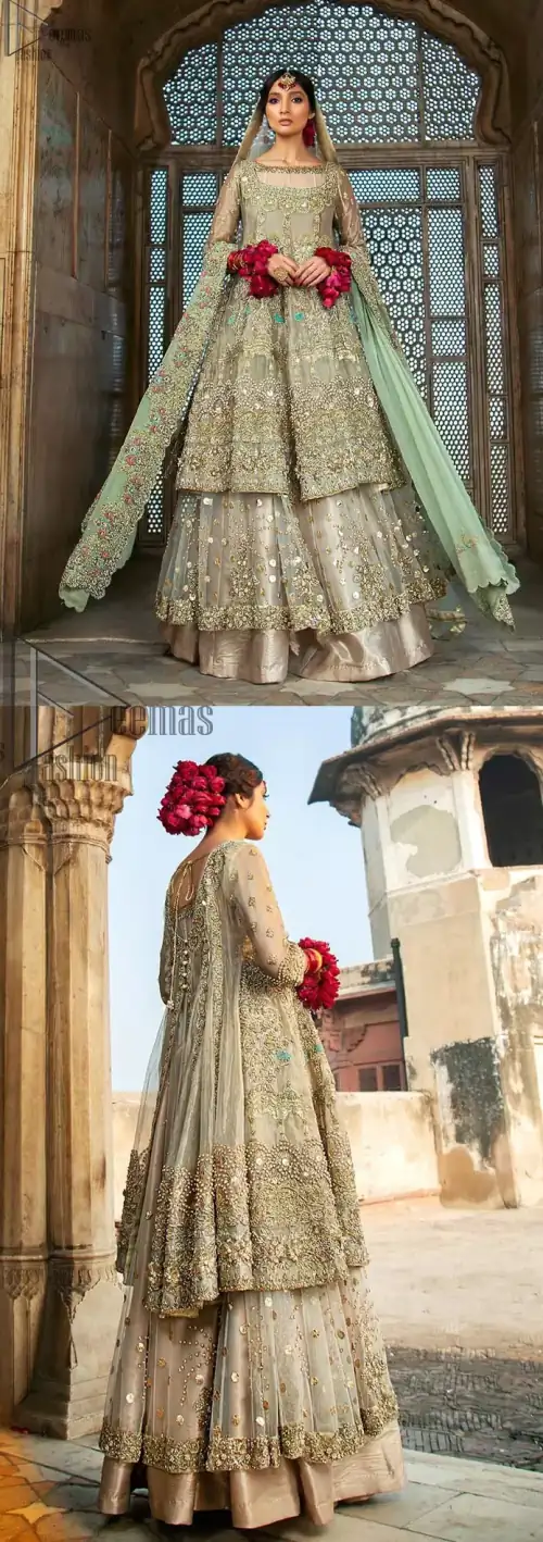 Pastel Green Double Layer Frock - Tea Rose Sharara. Fabulously stitched, Pastel Green double flared frock in maxi style is