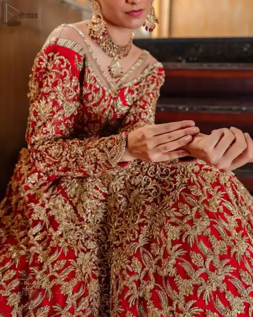 Red Off Shoulder Blouse - Back Train Lehenga n Dupatta for wedding