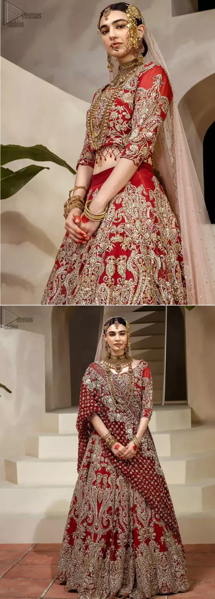 Crafted with love. This dress is classically designed to make your memorable day beautiful as it should be. This handcrafted remarkable ensemble reflects the aura of the heavenly blouse and includes art deco design elements. A wedding ensemble from the house of DeemasFashion in which the intricate detailing makes all the difference. A delicate arrangement of hand-embellished floral patterns with zardozi work makes the skirt more attractive. Complete the look with a maroon organza dupatta adorned with four-sided embellished borders and tiny floral motifs scattered all over the ground.