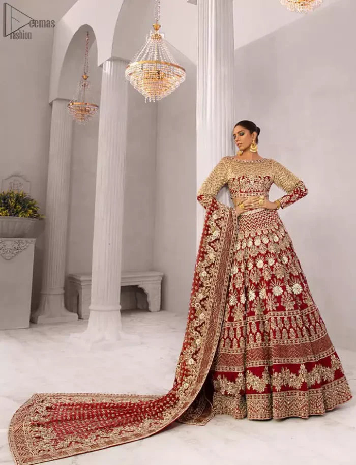Discover classic red and fawn dresses for a traditional style, with delicate detailing and intricate accents for a subtle yet sophisticated look, including long-sleeves laden with zardozi work. The blouse is beautifully sculptured with floral embroidery, also adorned with cutwork, embellished with silver kora dabka, pearl and sequins work all over. Complement the look with a red lehenga emphasized with different sizes of floral motifs, geometric pattern and heavy embellished bottom with zardozi work is absolutely breathtaking. The outfit is to pair up with a red dupatta with hand embellished border and floral motifs all over.