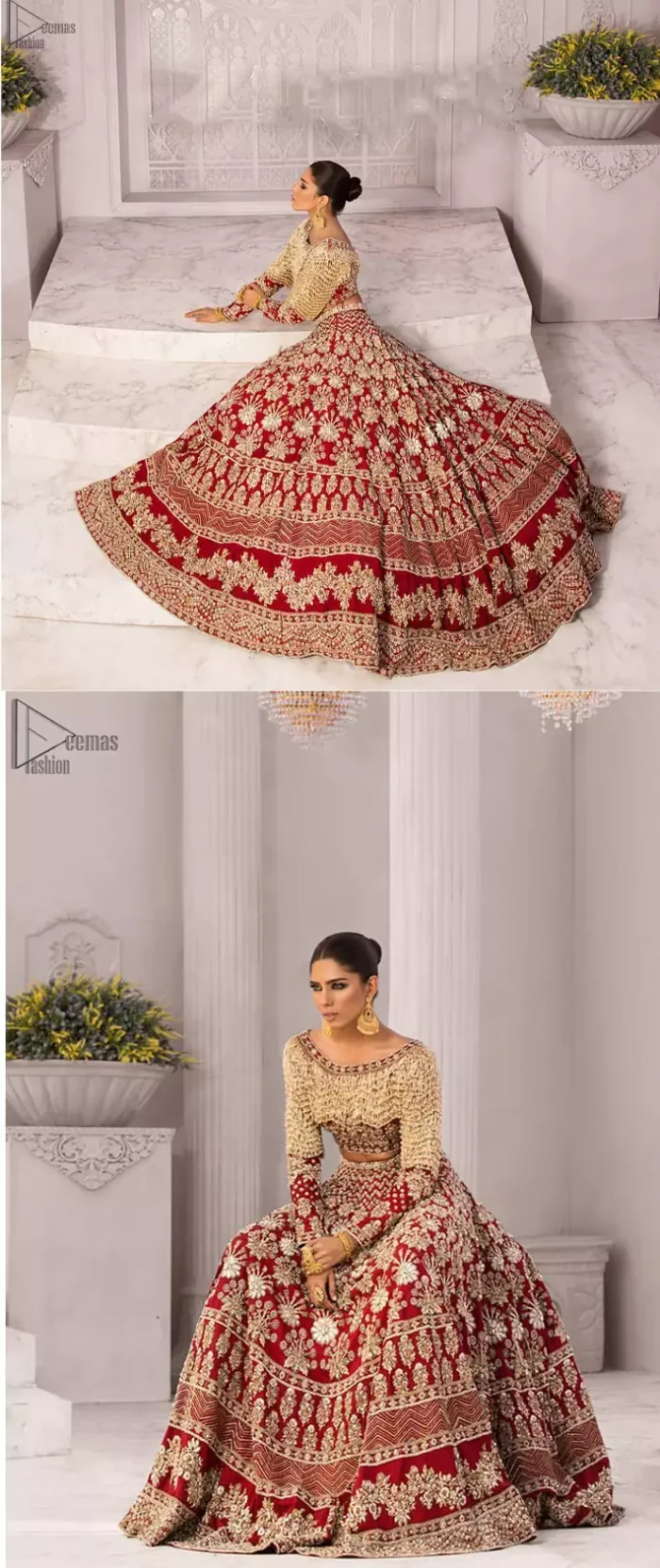 Discover classic red and fawn dresses for a traditional style, with delicate detailing and intricate accents for a subtle yet sophisticated look, including long-sleeves laden with zardozi work. The blouse is beautifully sculptured with floral embroidery, also adorned with cutwork, embellished with silver kora dabka, pearl and sequins work all over. Complement the look with a red lehenga emphasized with different sizes of floral motifs, geometric pattern and heavy embellished bottom with zardozi work is absolutely breathtaking. The outfit is to pair up with a red dupatta with hand embellished border and floral motifs all over.