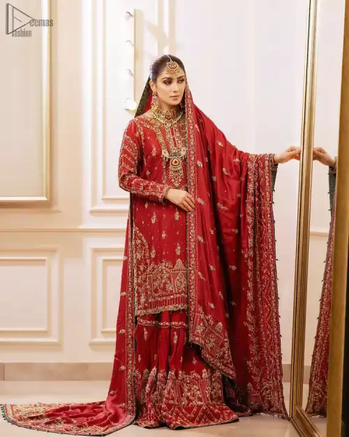 Deep Red Pakistani Bridal Wear Shirt, Gharara with Shawl.