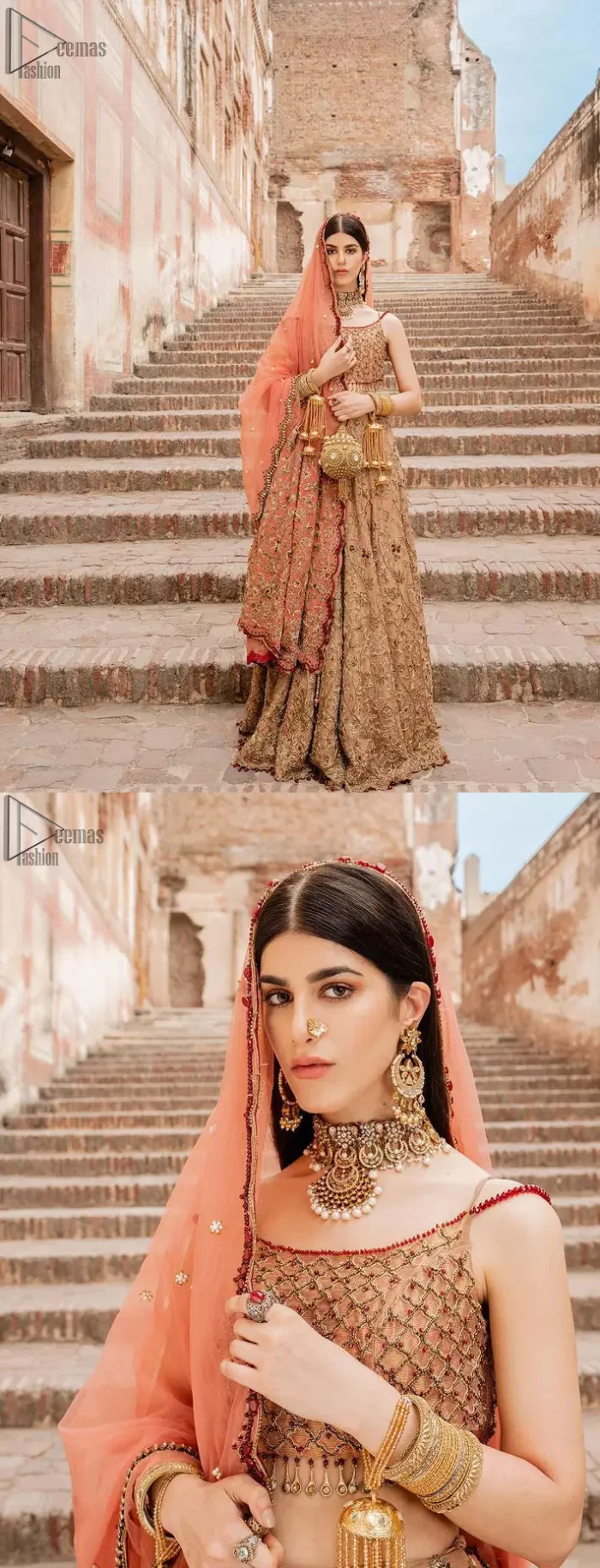 Crafted with love. This beautiful bride is a vision of impeccable grace and elegance in a divinely crafted bridal couture, with the exquisite embroideries that add the royal touch to the outfit. This off-shoulder blouse is meticulously crafted with zardozi work in the shades of golden and antique, finished the blouse with dangling tassels. The lehenga is emphasized with hand embellished floral embroidery with kora, dabka, tilla, sequins and beads all over. The look is complete when it gets paired up with an organza dupatta having scalloped finishing along the length and floral jaal on both sides of pallu.