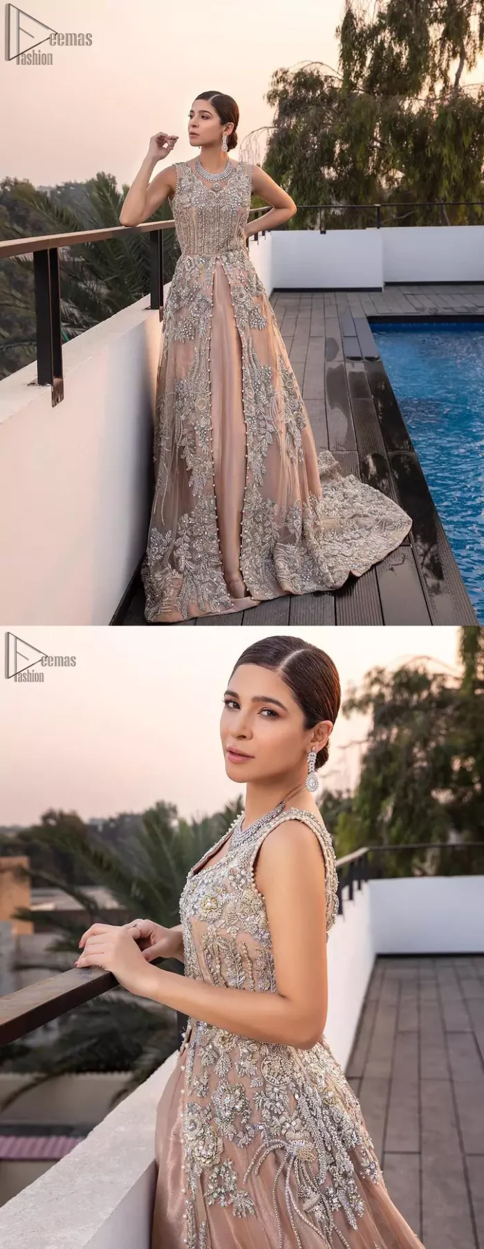 Some brides definitely shine bright by stepping out of the classic box and jumping into pastel hues for their big day. The front open back train dreamy maxi is adorned with an embellished bodice and floral booties all over the body giving a perfect ending to this outfit. The embroidery is done in the shade of silver and gold. Furthermore, the back train is emphasized with a large central motif and thick embellished borders. Coordinated with matching net lehenga and tea rose dupatta having a four-sided scalloped border.