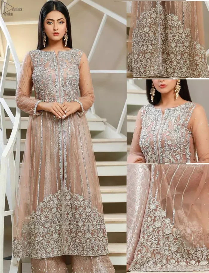With pure fabric heavily embroidered with zardozi and the perfect blend of traditional flamboyance and modern elegance in design, you need to look no further for the perfect look for any formal occasion. The shirt is delicately crafted with silver zardozi work. The bodice is heavily laden with silver embellishment. Pair it up with tea rose palazzo pants scattered pearls on the bottom edge. The outfit is coordinated with net dupatta having kiran on all four sides.