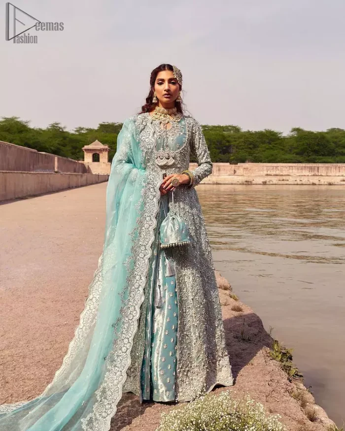 Baby Blue Front Open Maxi Lehenga - Dupatta