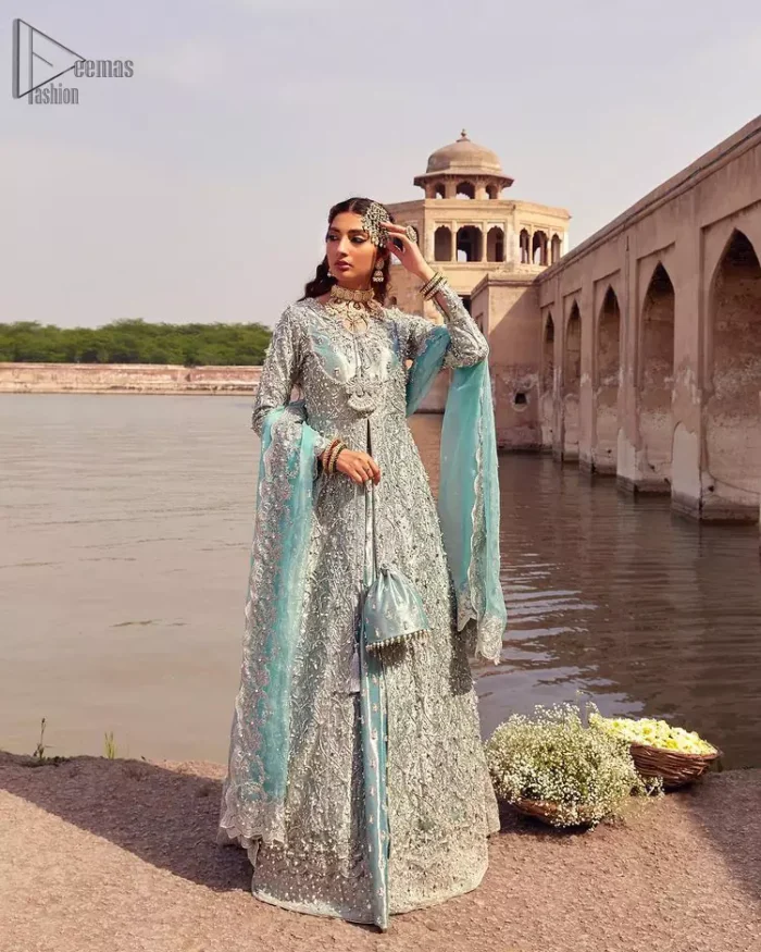 Baby Blue Front Open Maxi Lehenga - Dupatta