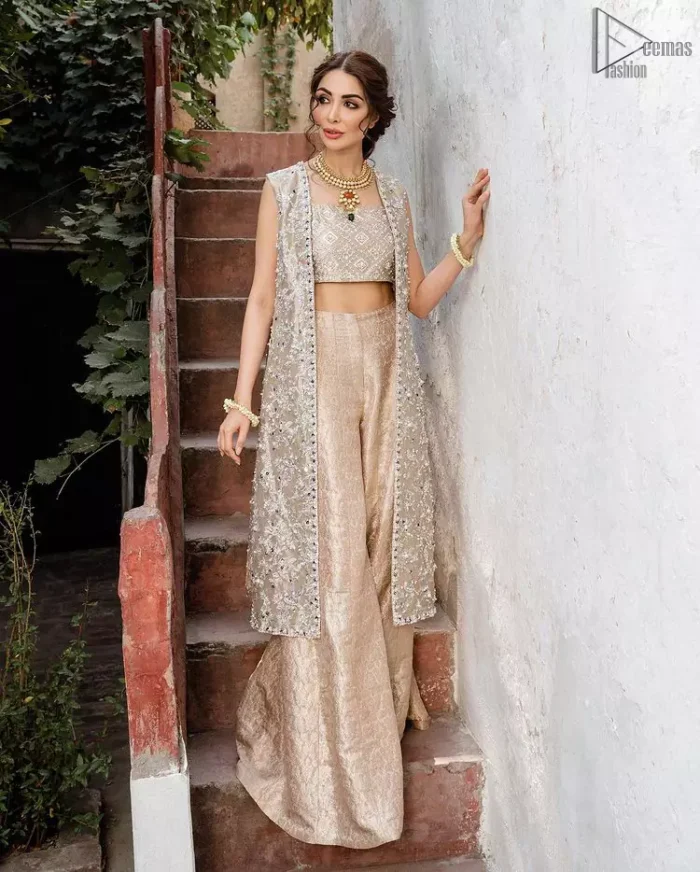 Pakistani Party Dress - Beige Open Shirt n Blouse - Palazzo Pants. This sleeveless blouse follows an open front, lined beautifully with geometric patterns.