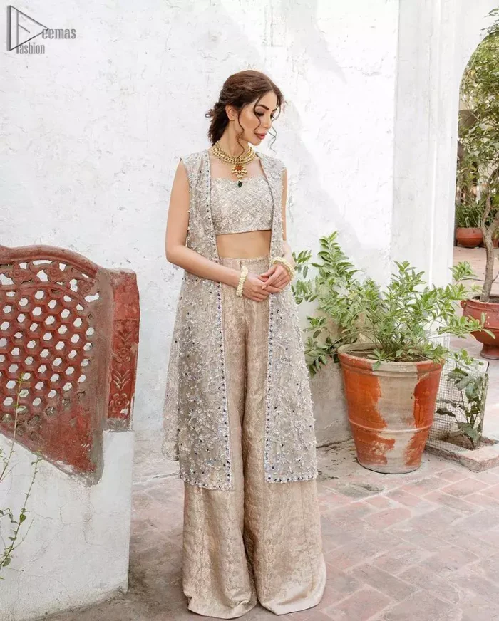 Pakistani Party Dress - Beige Open Shirt n Blouse - Palazzo Pants. The dress is made with pure Katan Banarasi Jamawar