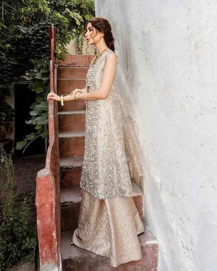 Pakistani Party Dress - Beige Open Shirt n Blouse - Palazzo Pants. This attractive semi-formal dress would delight your day either at party wear.
